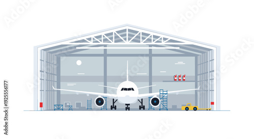 A vector illustration of a white airplane parked inside a large light grey gabled hangar with a small yellow service vehicle outside.