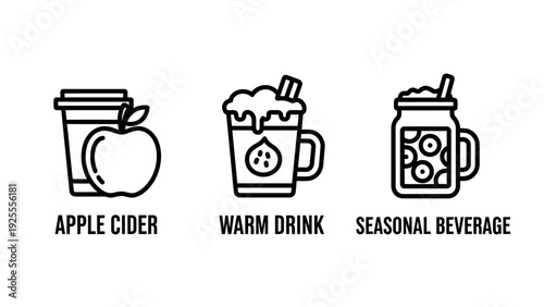 Illustrations of apple cider in to-go cup, steaming warm drink in mug, and seasonal beverage in jar. Vector icons for fall drinks and cozy beverages.
