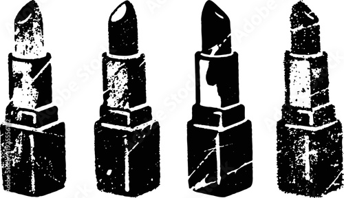 Four distressed lipstick tubes with worn textures in black and white grunge illustration
