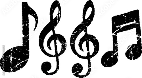 Grunge music notes and treble clefs hand drawn ink black symbols set