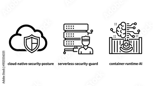 Three Black and White Icons Illustrating Cloud Security, Serverless Guard, and Container Runtime AI