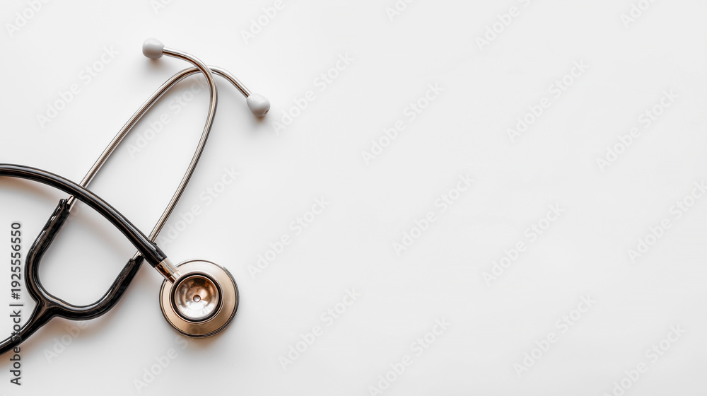 Fototapeta premium High angle view of a black medical stethoscope on a white background with ample copy space for healthcare banner, medical insurance, hospital advertisement, and wellness concept