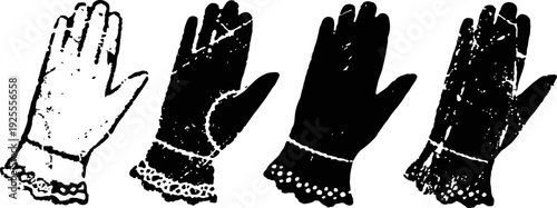 Vintage lace gloves silhouette set four black and white elegant handwear with frilled cuffs retro fashion accessory illustrations