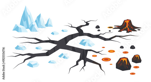 An illustration of a cracked ground surface separating a frozen landscape with icebergs from a volcanic area with lava flows and craters.