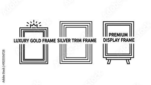 Three stylized frame icons: luxury gold, silver trim, and premium display stand, showcasing elegant presentation options.