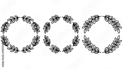 Three circular decorative laurel wreath icons in outline style, perfect for awards, recognition, and achievement designs.