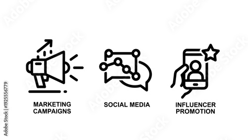 Collection of 3 modern icons representing marketing campaigns, social media engagement, and influencer promotion for digital advertising.