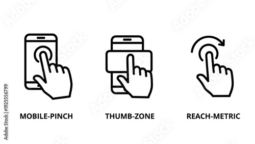 Three hand gesture icons illustrating mobile pinch zoom, thumb zone usability, and reach metric for app and website interface design.