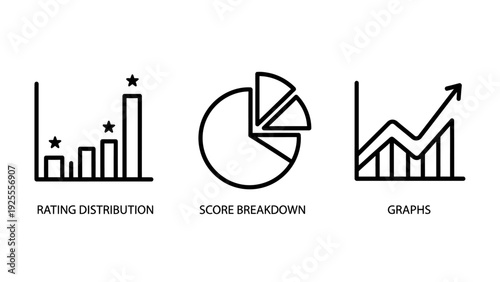 Business and data analysis icons including rating distribution, score breakdown pie charts, and upward trending graphs.