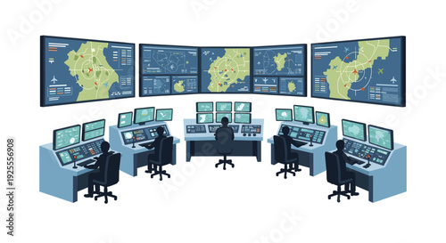 Five silhouetted operators sit at control consoles facing five large wall mounted digital screens displaying green maps and radar data in a room.