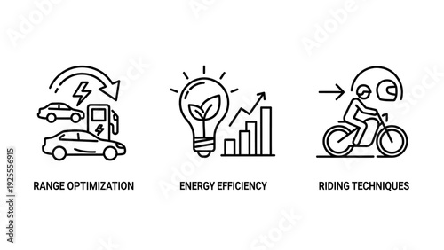Icons for sustainable transportation, showing electric car charging, energy efficiency concepts, and motorcycle riding techniques.