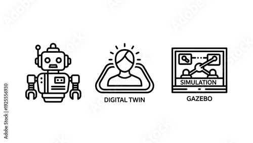 Technology and simulation icons featuring a robot, digital twin concept, and a gazebo simulation model for industry and development.