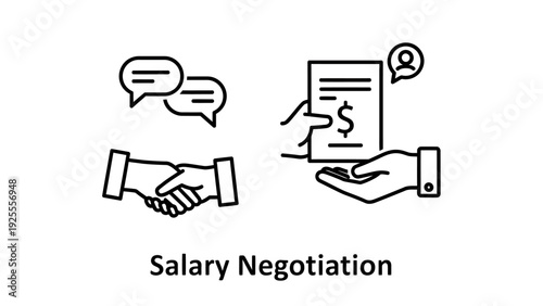 Salary Negotiation and Business Deal Icons: Handshake and Contract Discussion