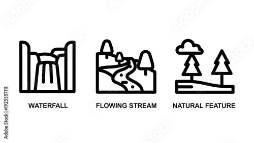 Nature Icons: Majestic Waterfall, Winding Stream, Scenic Hill with Trees - Representing Natural Landscapes