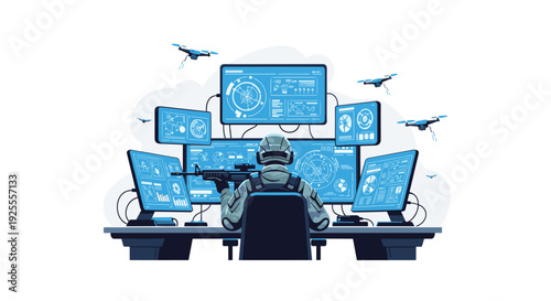 A soldier in camouflage gear sits at a desk with multiple glowing blue computer monitors while holding a rifle and surrounded by flying drones.