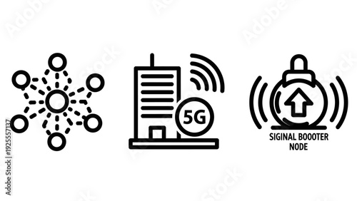 Network and 5G Icons: Central Hub Connection, 5G Tower Building, Signal Booster Node - Illustrating Modern Communication Networks