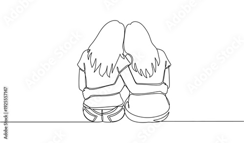 Female Friendship Continuous Line Art – Two Women Sitting Back to Back Minimalist Vector