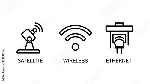 Technology connection icons: satellite, wireless wifi, and ethernet computer network symbols in a modern line art style.