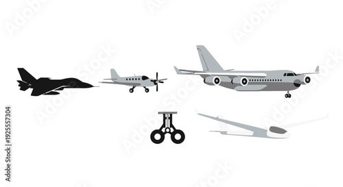 Diverse aircraft collection stealth jet propeller plane passenger jet glider and landing gear vector illustration.