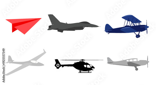 Diverse Aircraft Types Vector Illustration Set Jet Biplane Helicopter Glider and Paper Plane.