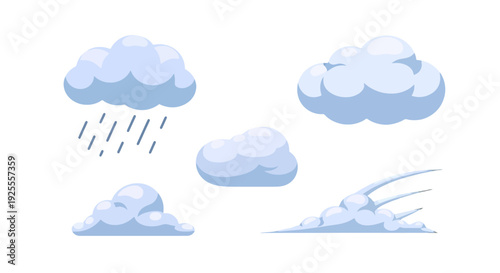 Diverse cartoon cloud set featuring fluffy rainy and dynamic windswept weather elements in blue and white.