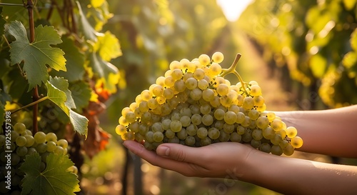 Person holding fresh white grapes in a sunlit vineyard, showcasing bountiful harvest and quality produce