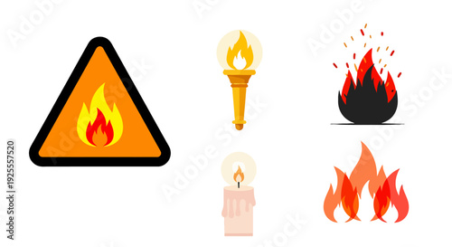 Diverse flat vector fire illustrations warning sign torch candle bonfire and abstract flames.