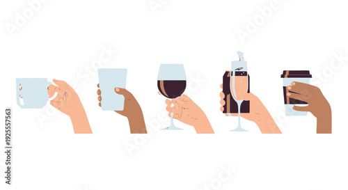 Diverse hands holding various drinks coffee mug water glass red wine champagne flute and takeaway cup flat vector illustration.
