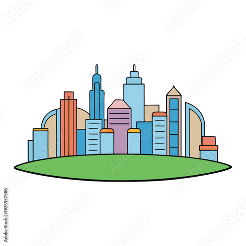 A vibrant cartoon city skyline with colorful skyscrapers, playful shapes, and glowing windows. Puffy clouds drift above as bright lights and cheerful streets bring the scene to life.
