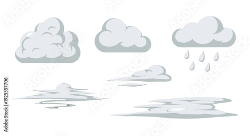 Flat design vector illustration set of gray clouds including rain and ground fog with subtle shadows.