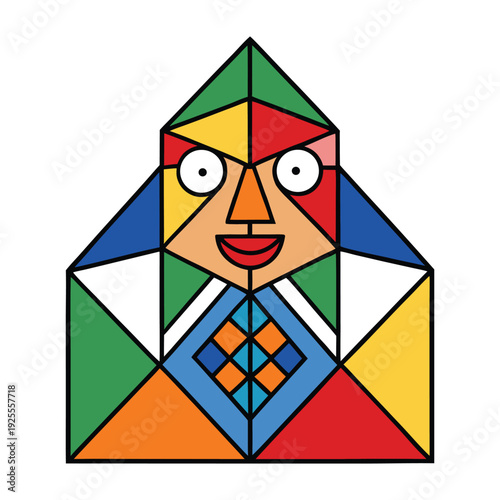 A vibrant cubist artwork bursts with bold colors and sharp geometric shapes, fragmenting faces and objects into dynamic angles that create depth, rhythm, and expressive energy.
