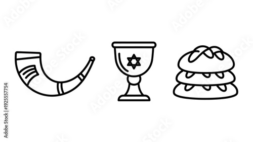 Jewish holiday icons: Shofar horn, Kiddush cup with Star of David, and challah bread stack, for Rosh Hashanah and Shabbat celebrations.