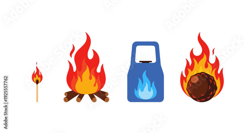 Four Flat Design Illustrations of Fire and Heat Sources Match Campfire Gas Grill Burning Coal.