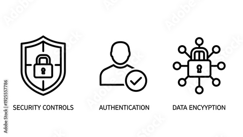 Security and authentication icons: encrypted data, user verification, and secure controls, for cybersecurity and access management concepts.