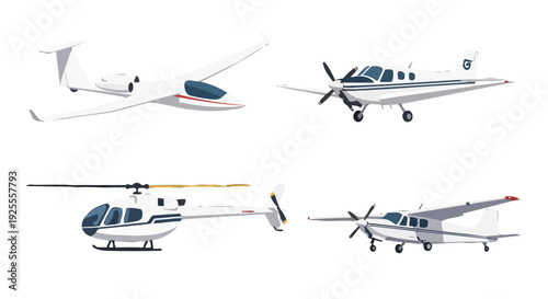 Illustrated collection of diverse white aircraft private jet two propeller planes and a helicopter.