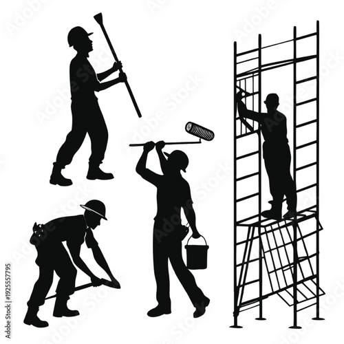 Construction Workers and Builders Silhouette Set - Professional Tradesmen at Work