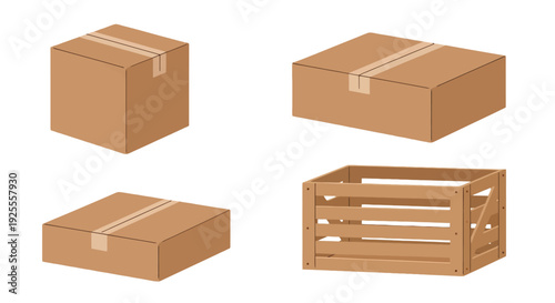 Isometric brown cardboard boxes and wooden crate set featuring sealed tape for shipping and storage.