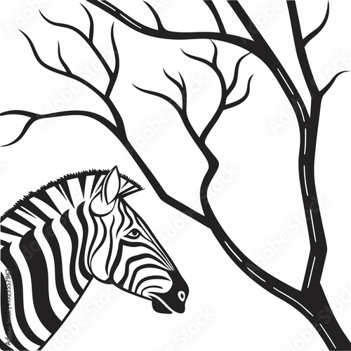 A black and white zebra standing next to a tree Vector