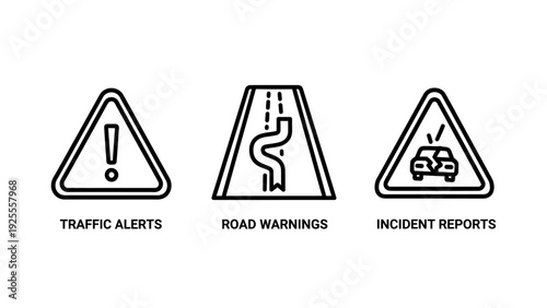 Traffic alerts, road warnings, and incident reports icons indicating navigation hazards, driver safety, and real-time travel information.