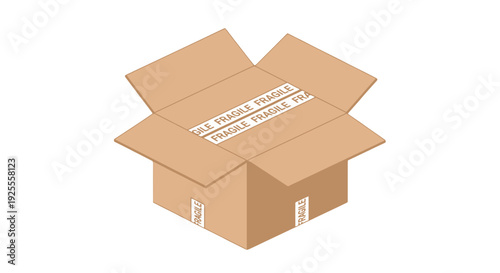 Isometric open brown cardboard box with FRAGILE tape on flaps and sides.