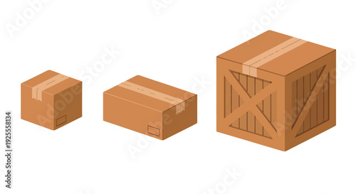 Isometric illustration of various brown shipping containers two taped cardboard boxes and one sturdy wooden crate.