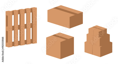 Isometric vector illustration of a brown wooden pallet and cardboard boxes some stacked with tape details.