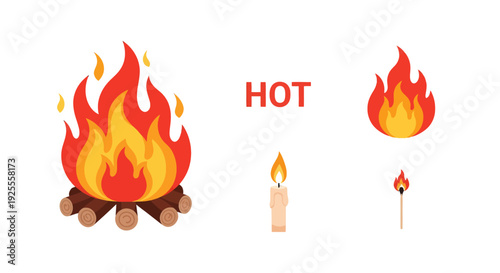 Large Stylized Campfire with Vibrant Red Orange and Yellow Flames Burning Brightly Over Brown Stacked Logs.