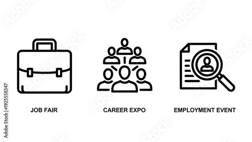 Job Fair and Career Expo Icons: Outline Symbols Representing Employment Events, Professional Networking, and Recruitment Processes
