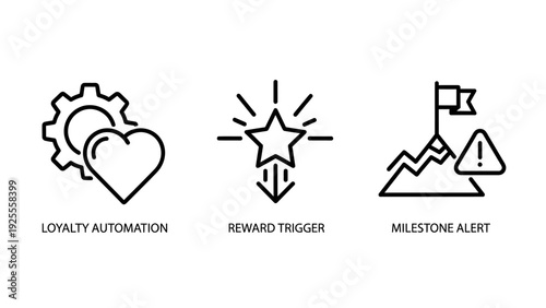 Customer Loyalty and Reward System Icons: Symbols for Loyalty Automation, Reward Triggers, and Milestone Alerts in Business