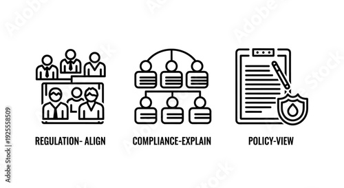 Corporate Governance Vector Icons: Illustrating Regulation Alignment, Compliance Explanation, and Policy Viewing for Business Ethics and Management
