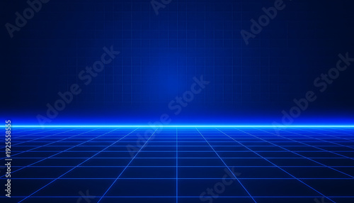 Neon blue grid background with glowing light beam