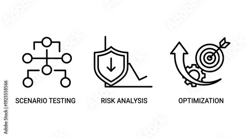 Strategic Business Planning and Project Management Icons: Scenario Testing, Risk Analysis, and Optimization for Growth and Efficiency