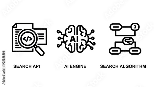 Advanced Search Technology and Artificial Intelligence Icons: API, AI Engine, and Algorithm for Smart Data Processing and Web Services