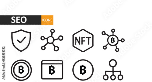 Cryptocurrency and seo icons featuring bitcoin nft and blockchain security symbols